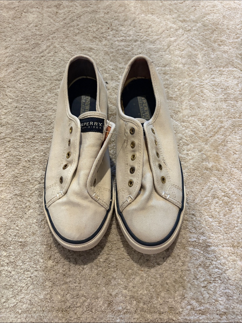 Sperry Slip-On Canvas Boat Shoes in Off-White with Navy Trim 7 1/2